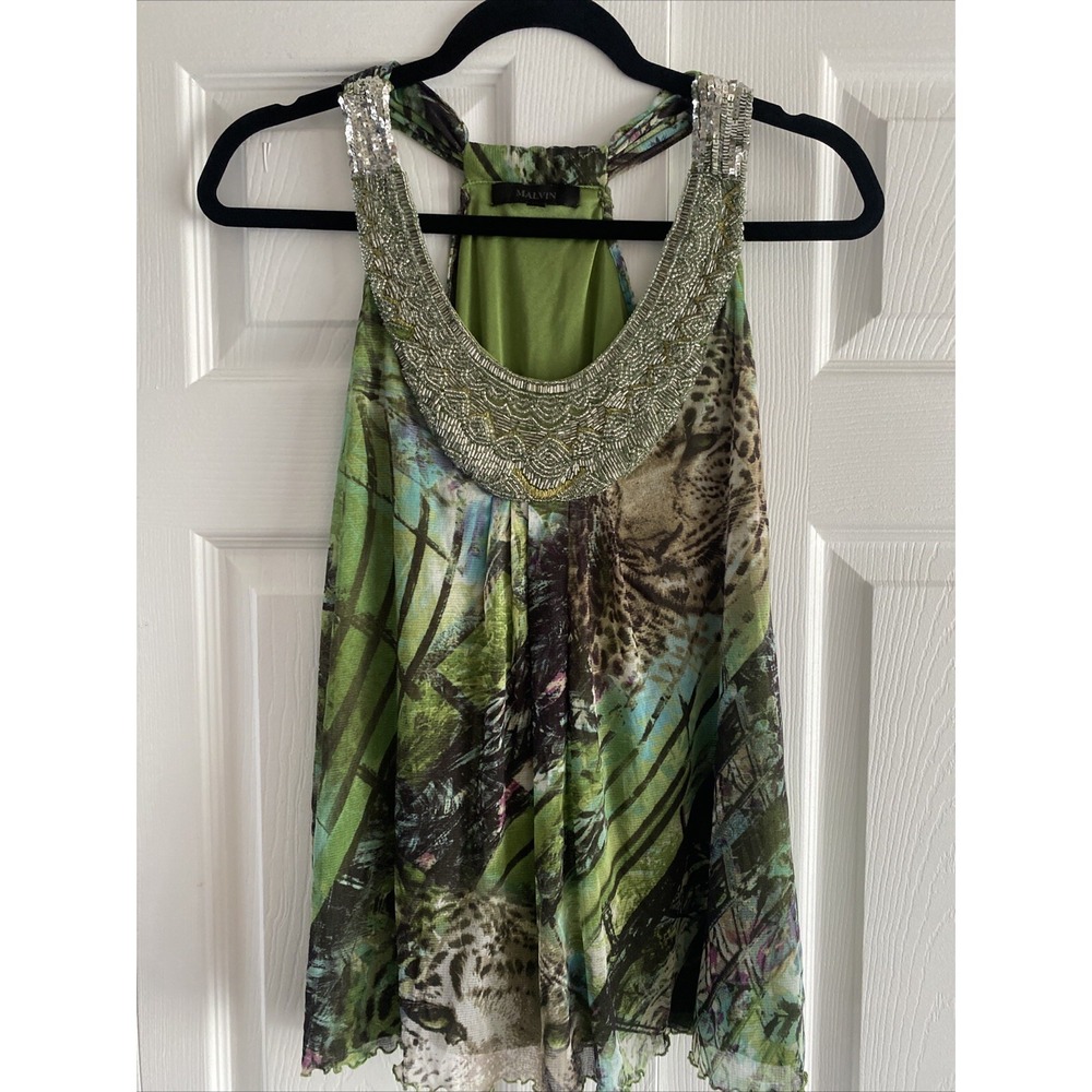 Malvin Beaded Animal Print Tank Womens Size 36 S Green Tropical Mesh Y2K Glam